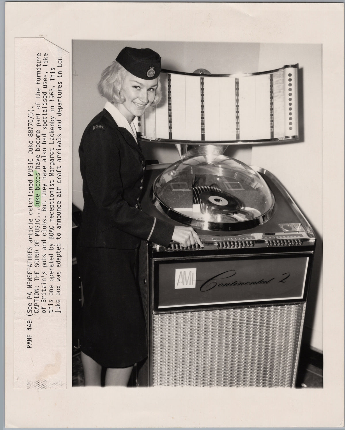 BOAC Receptionist Margaret Lackenby with an Announcement Jukebox — front