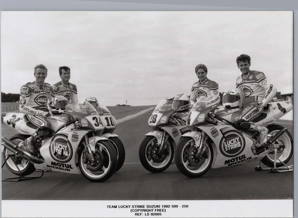 Team Lucky Strike Suzuki — 1992 Rider and Motorcycle Line-Up — front