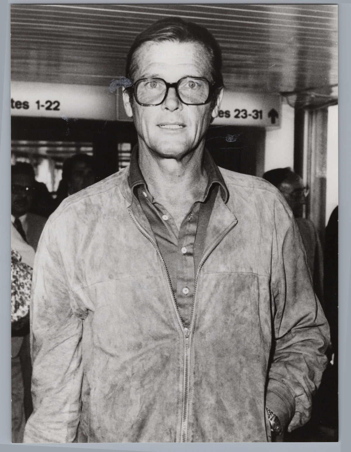 Roger Moore — Glasses and Leather Jacket Portrait — front