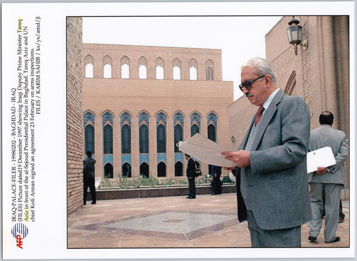 Tareq Aziz outside a Presidential Palace in Baghdad — 1997 — front