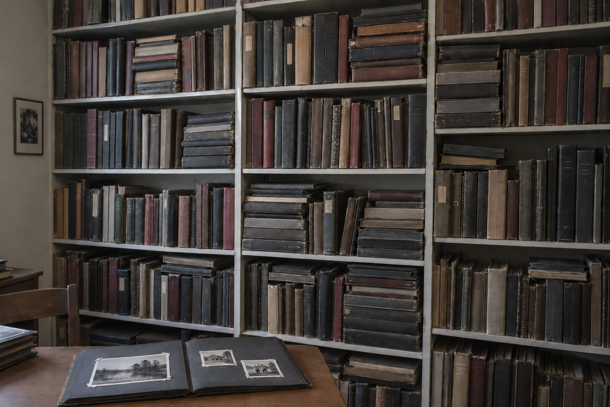 Shelves filled with vintage photo albums and an open album on a wooden table.